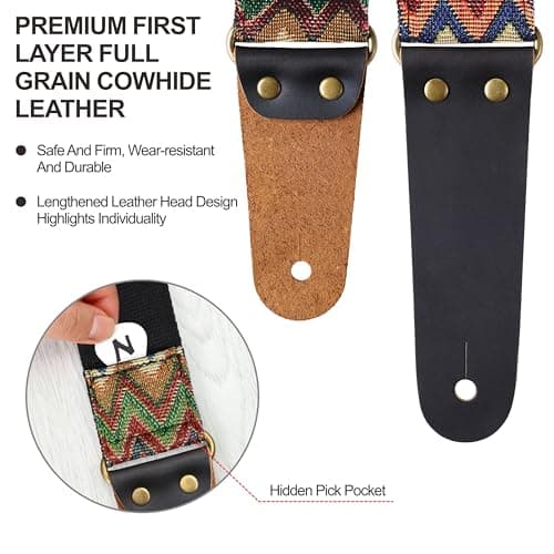 Vintage Jacquard Weave Cotton Guitar Strap with Leather Ends for Bass, Electric & Acoustic Guitars