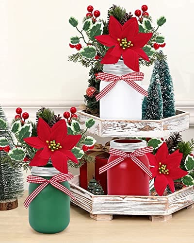 Christmas Mason Jar Centerpiece Set with Faux Poinsettia and Holiday Decor