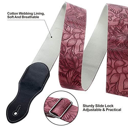 Nefelibata Guitar Strap with Pick Pocket, Vintage Style Vegan Leather, Red