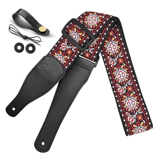 Jacquard Embroidered Cotton Guitar Strap with Leather Ends for Bass, Acoustic & Electric — Retro Red