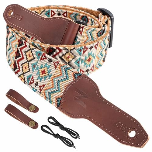 Nefelibata Banjo Strap, 2 Wide Double Full Grain Cowhide Guitar Strap - Small Flower Embroidery — Boho Yellow