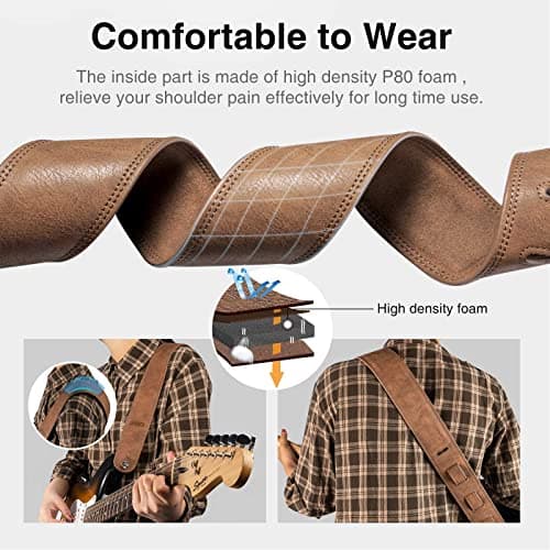 LEKATO Electric & Bass Guitar Strap 2.5" Wide Padded Brown Leather Adjust to 41-51"