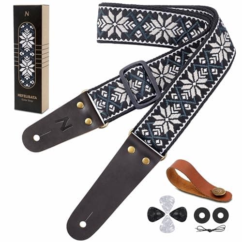 Nefelibata Embroidered Cotton Guitar Strap with Cowhide Ends (Saffron) — N# - Green Plaid