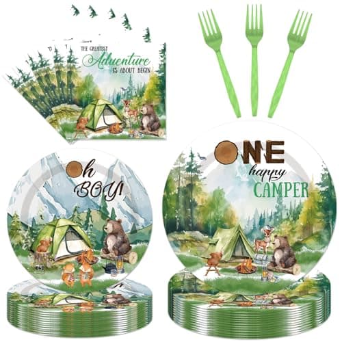 One Happy Camper 1st Birthday Decorations - 96PCS Plates & Napkins Set