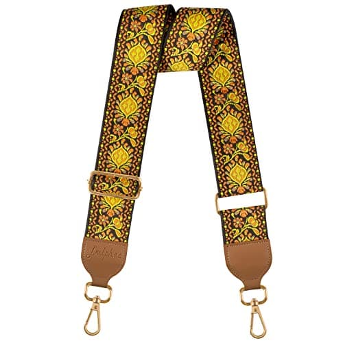 Soft Cotton & Leather Ends Jacquard Embroidered 2" Wide Crossbody Bag Purse Straps — Jacquard Yellow