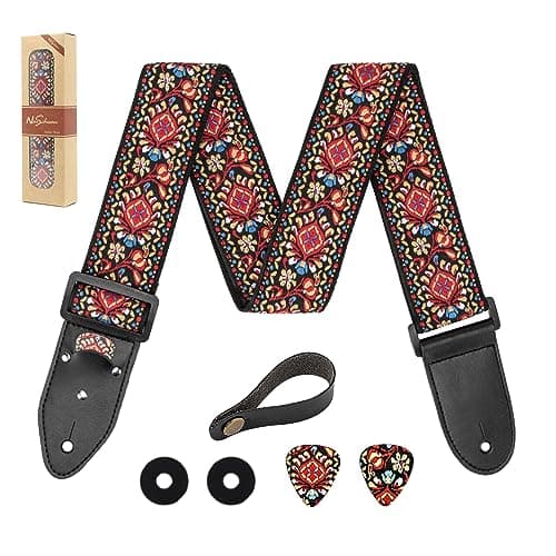 Genuine Leather Electric/Acoustic Guitar Bass Strap, Blue, with Pick Holder & Locks — Red Woven&strap Button