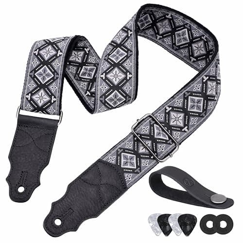 Head Layer Cowhide Leather Guitar Strap, 2" Wide, 2 Locks, 4 Picks Included — Gray Lattice Flower