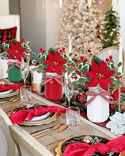 Christmas Mason Jar Centerpiece Set with Faux Poinsettia and Holiday Decor