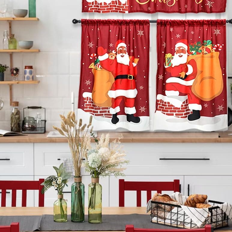 Nefelibata Black Santa Christmas Kitchen Curtains for African American Decor – Set of 2 Panels and 1 Tier Valance