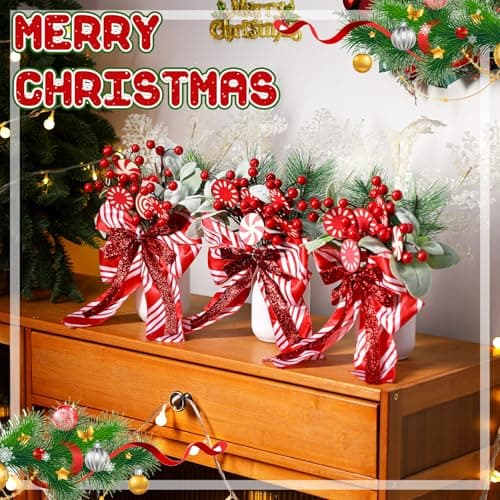 Christmas Mason Jars Decor Set with Peppermint Candy and Faux Plants for Holiday Table Centerpiece