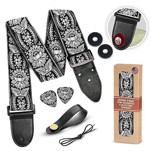 Vintage Woven Embroidered Guitar Strap - White,Adjustable for Acoustic, Electric & Bass Guitars Includes Picks — A Black Silver