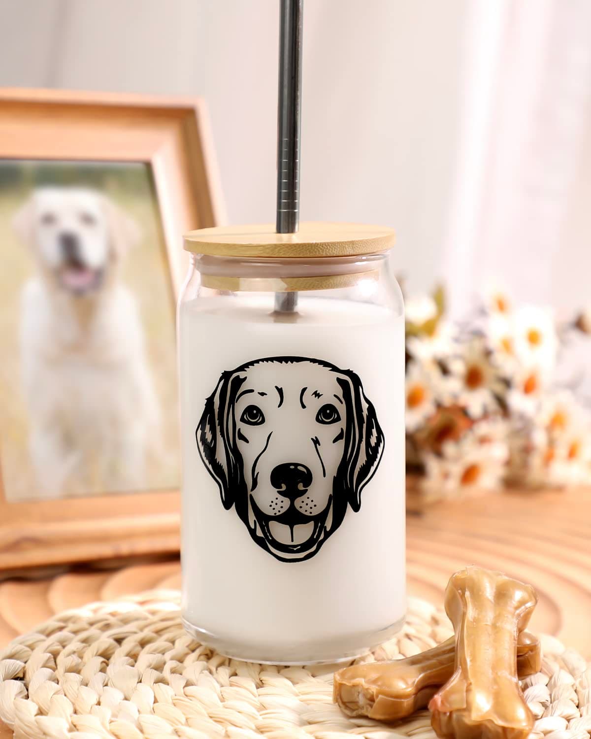 Labrador Dog Portrait 16 oz Glass with Lid and Metal Straw - Pet Lovers Gift Idea