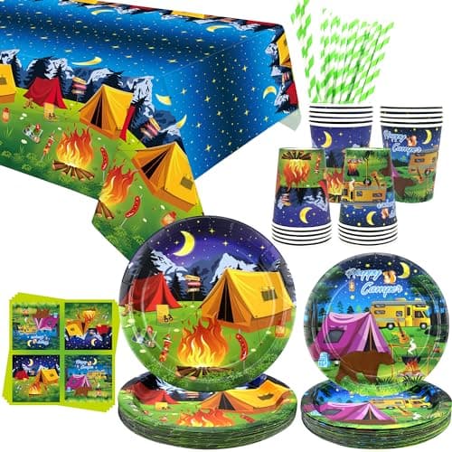 Camping Party Supplies for 20 - Plates, Cups, Napkins, Tablecloth