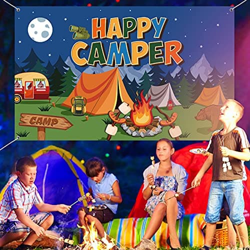 Camping Themed Party Decorations Happy Camper Banner 70.8x43.3 Inch
