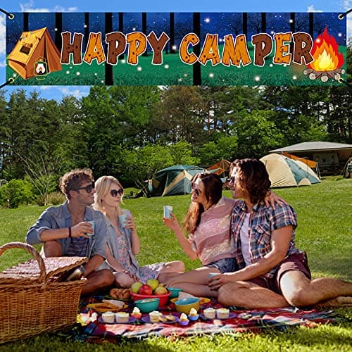Happy Camper Banner for Camping Theme Parties Indoors Outdoors