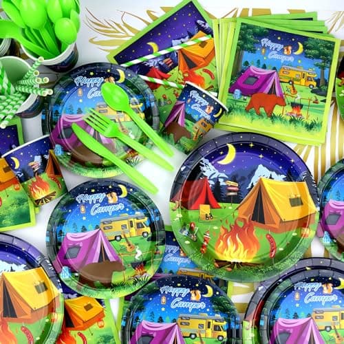 Camping Birthday Party Decor - Tableware, Plates, Cups, Napkins, Tablecloth, Backdrop, Balloons, Cake Toppers (backdrop)