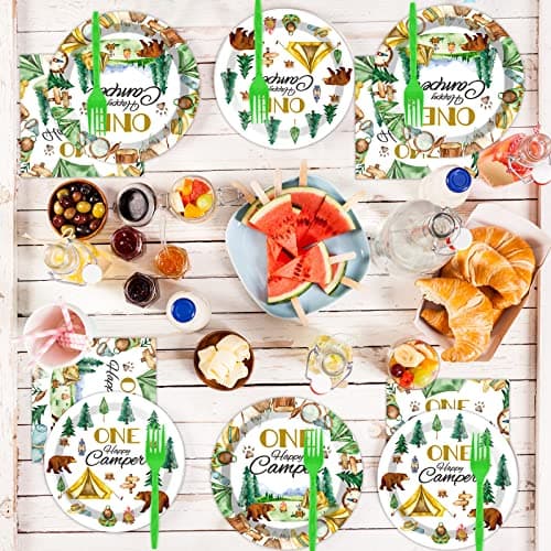 Tevxj One Happy Camper 96PCS Tableware Set for 1st Birthday Party