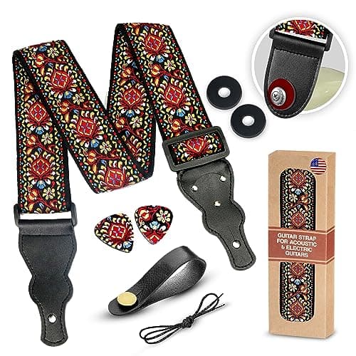 Vintage Woven Embroidered Guitar Strap - White,Adjustable for Acoustic, Electric & Bass Guitars Includes Picks — A Red Woven