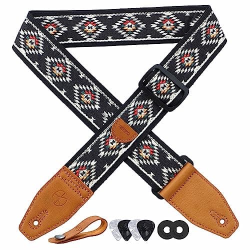 Floral Cotton Guitar Strap 2" Full Grain Leather Ends, Bass/Electric/Acoustic, Free Button & Picks — Black Diamond