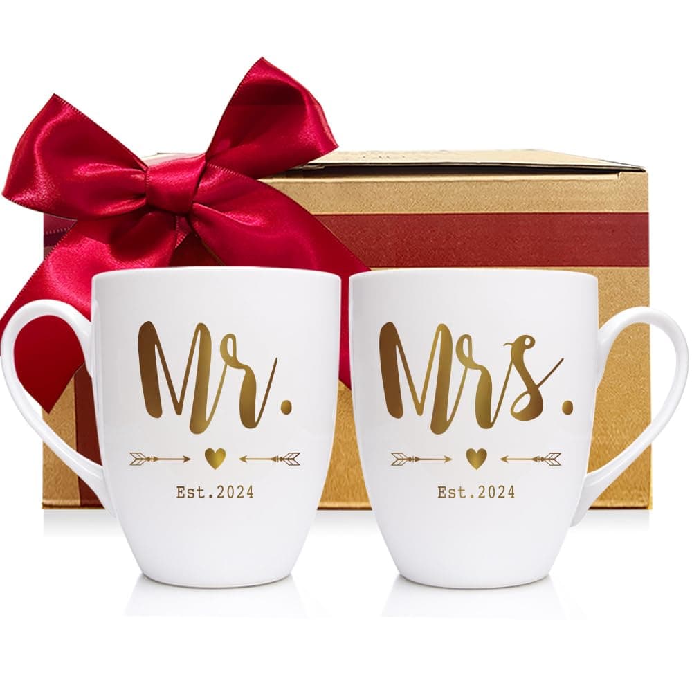Mr & Mrs Coffee Mugs Set, Gold Foil Design Wedding Gifts for Bride Groom Couples