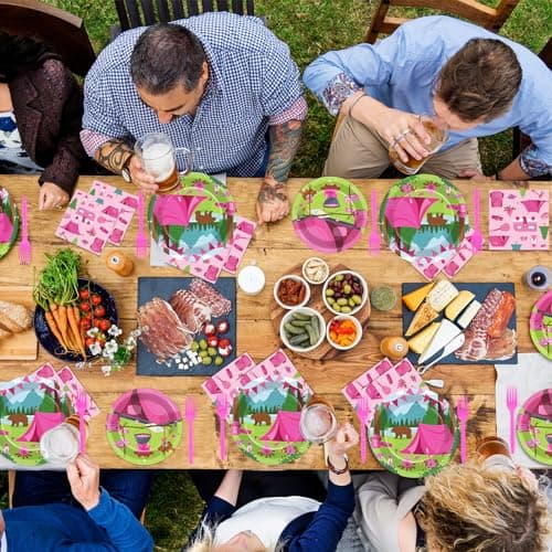 Pink Camping Party Supplies for 24 Guests - 96Pcs