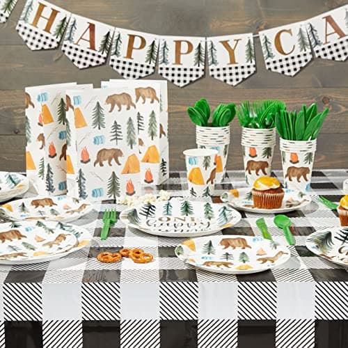 BLUE PANDA Camping-Themed Birthday Decor & Dinnerware for Kids (Serves 24)