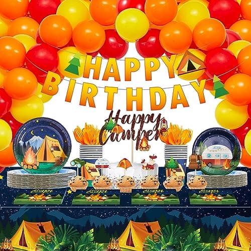 Camping Party Supplies: Paper Plates, Banner, Cupcake Toppers, Tablecloth, Centerpiece, Balloons