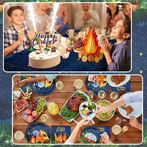 Camping Party Supplies: Paper Plates, Banner, Cupcake Toppers, Tablecloth, Centerpiece, Balloons