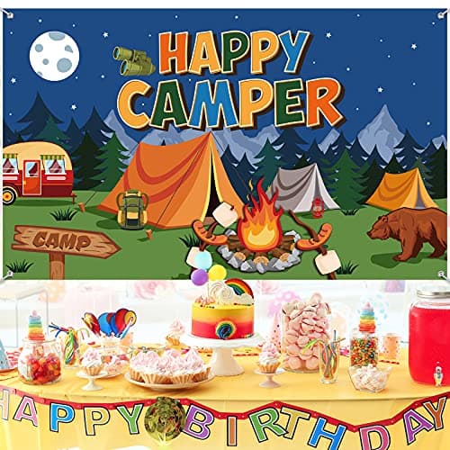 Camping Themed Party Decorations Happy Camper Banner 70.8x43.3 Inch