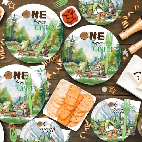 One Happy Camper 1st Birthday Decorations - 96PCS Plates & Napkins Set