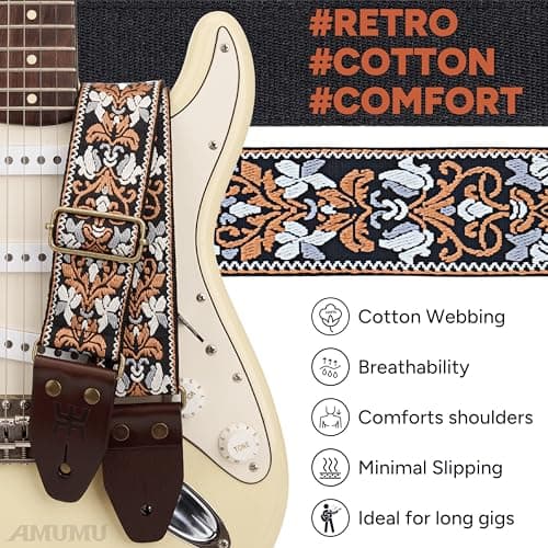 Amumu Black Brown Spade Heart Embroidery Vintage Guitar Strap
