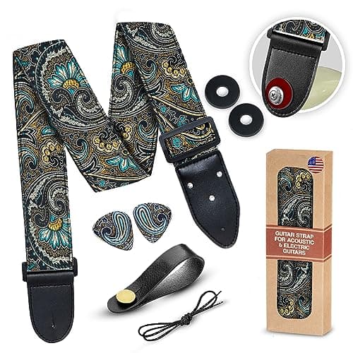 Vintage Woven Embroidered Guitar Strap - White,Adjustable for Acoustic, Electric & Bass Guitars Includes Picks — A Indian Nights