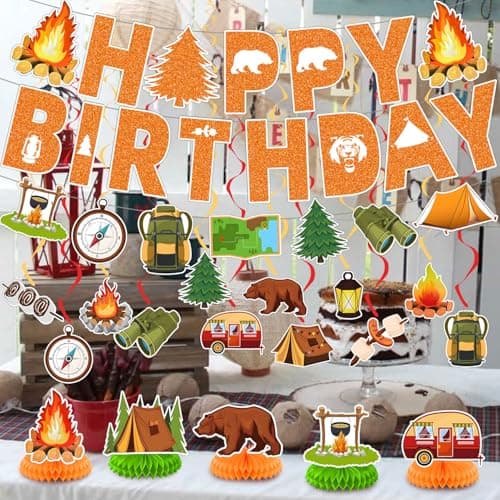 Happy Camper Birthday Party Decorations: Banner, Campfire Swirls, Honeycomb Centerpiece