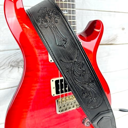 Walker & Williams Black Padded Guitar Strap with Christian Tooling & Cross