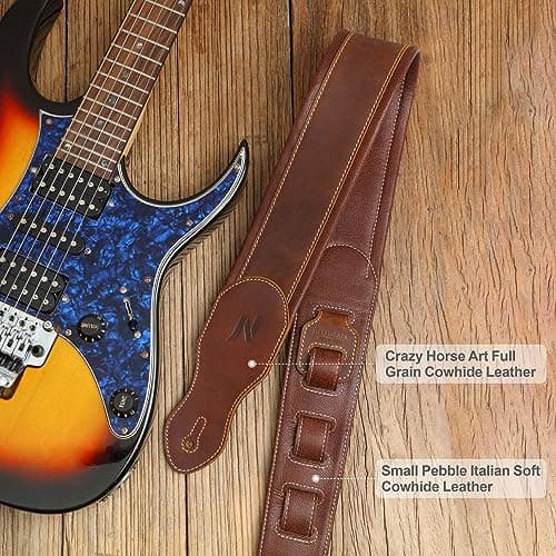 Vintage Brown Double Layer Full-Grain Leather Guitar Strap with Cable Storage Loop