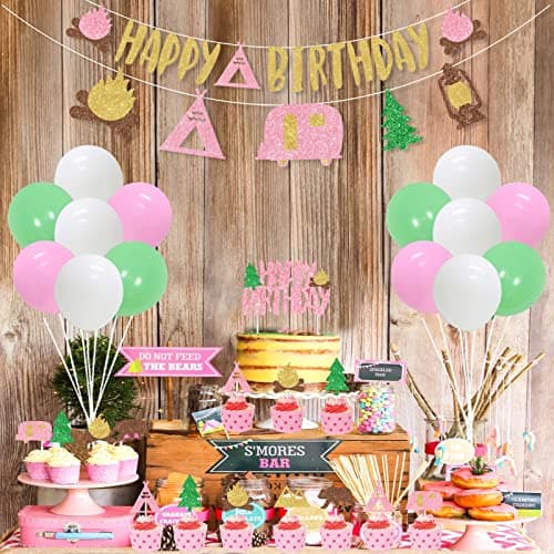 Happy Birthday Camping Party Decorations - Pink Banner & Backdrop, Cake Topper, Garland & Cupcake Topper