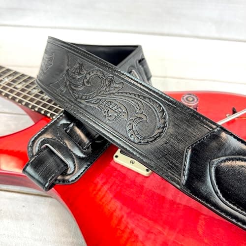 Walker & Williams Black Padded Guitar Strap with Christian Tooling & Cross