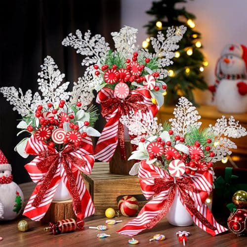 Christmas Mason Jars Decor Set with Peppermint Candy and Faux Plants for Holiday Table Centerpiece
