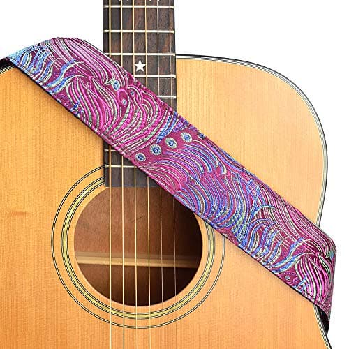 Vintage Classical Pattern CloudMusic Guitar Strap with Leather Ends — Colorful Feather in Purple