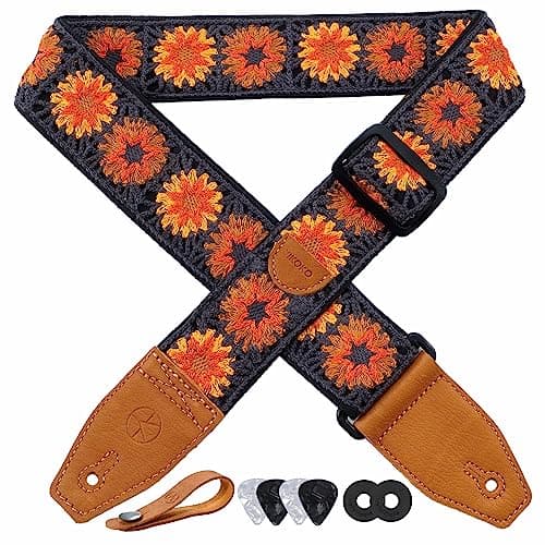 Floral Cotton Guitar Strap 2" Full Grain Leather Ends, Bass/Electric/Acoustic, Free Button & Picks
