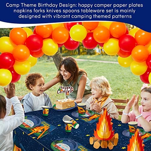 Camping Party Supplies: Paper Plates, Banner, Cupcake Toppers, Tablecloth, Centerpiece, Balloons