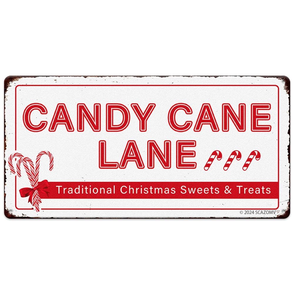 Traditional Christmas Candy Cane Lane Metal Tin Sign - Vintage Retro Kitchen Decor for Home or Cafe
