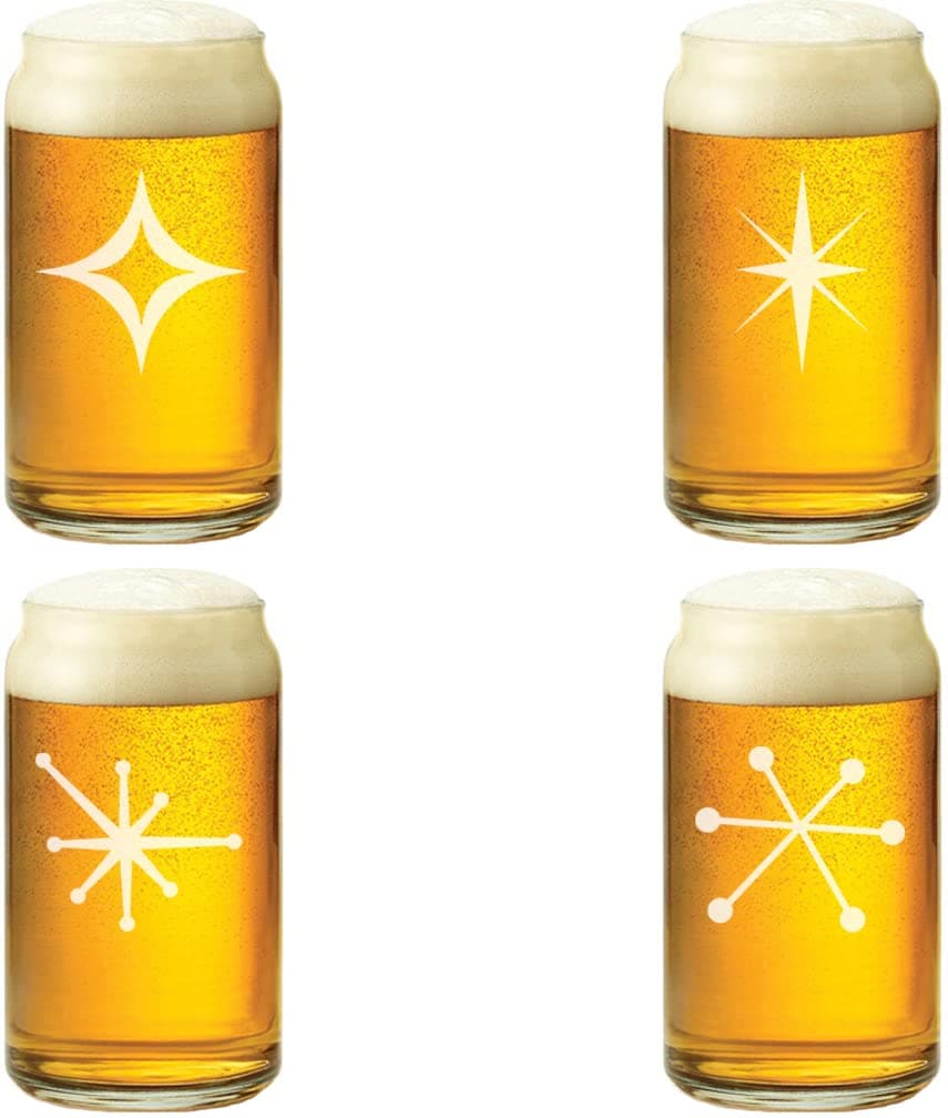 16 oz Retro Starburst Beer Can Glass Set of 4 - Mid Century Modern Collection Gift