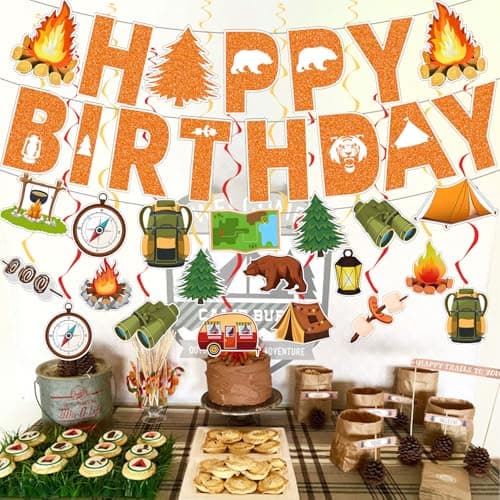 Happy Camper Birthday Party Decorations: Banner, Campfire Swirls, Honeycomb Centerpiece