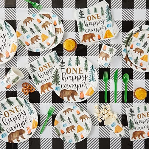 BLUE PANDA Camping-Themed Birthday Decor & Dinnerware for Kids (Serves 24)
