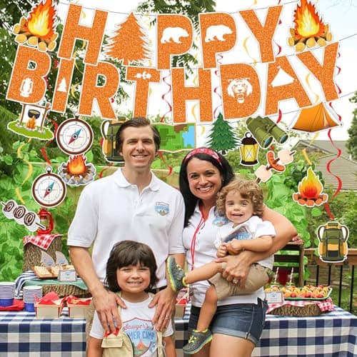 Happy Camper Birthday Party Decorations: Banner, Campfire Swirls, Honeycomb Centerpiece