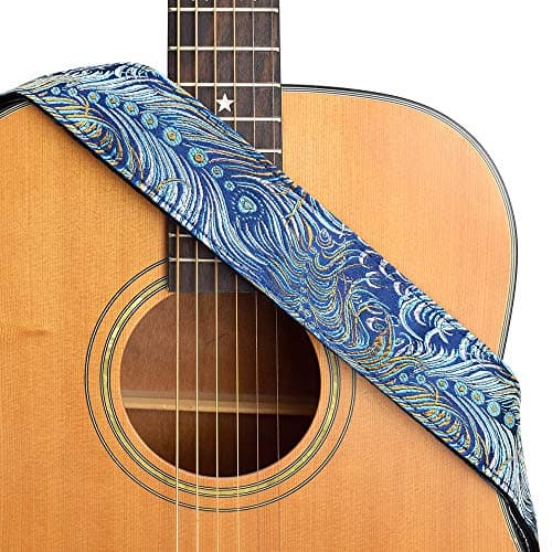 Vintage Classical Pattern CloudMusic Guitar Strap with Leather Ends — Colorful Feather in Blue