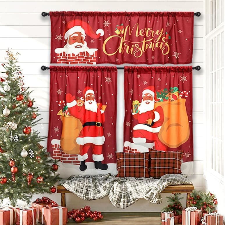 Nefelibata Black Santa Christmas Kitchen Curtains for African American Decor – Set of 2 Panels and 1 Tier Valance
