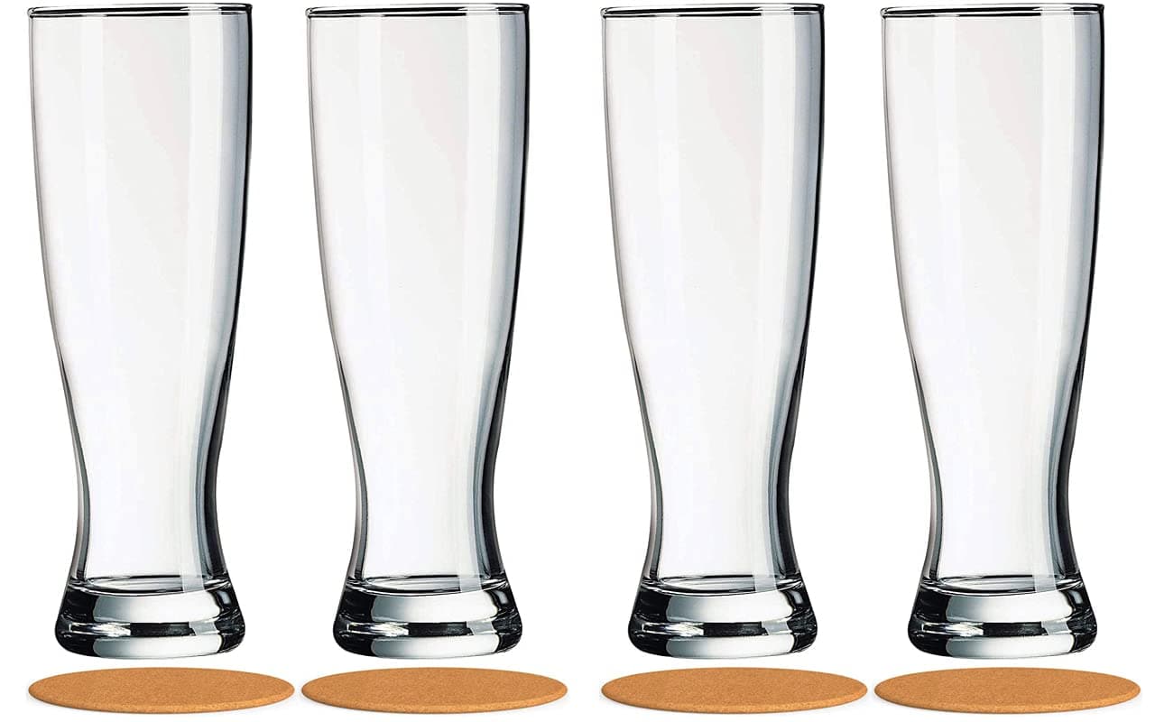 AMZ Empire 16 oz Pilsner Beer Glasses, Pack of 4 with Coasters