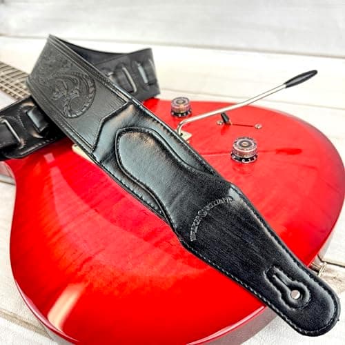 Walker & Williams Black Padded Guitar Strap with Christian Tooling & Cross
